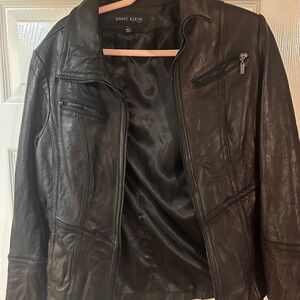 Anne Klein Dark Leather Jacket with Zipper Details